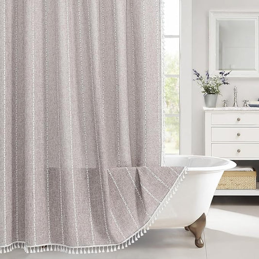 MitoVilla Grey Farmhouse Fabric Shower Curtain Set, Boho Modern Polyester Linen Shower Curtains for Vintage Rustic Bathroom Decor, Country Tassel Thick Cloth Shower Curtain, 72 x 72