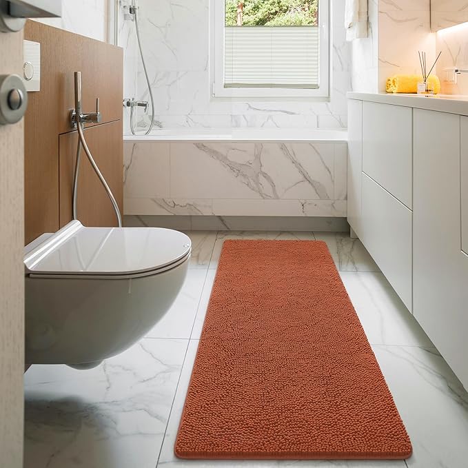 LOCHAS Luxury Bathroom Rug Shaggy Bath Mat 24 x 60 Inch, Washable Non Slip Bath Rugs for Bathroom Shower, Soft Plush Chenille Absorbent Carpets Mats, Burnt Orange