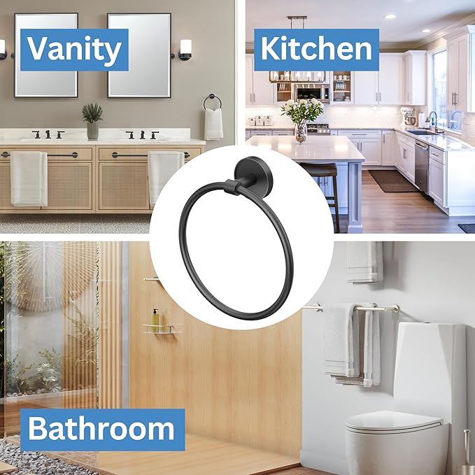 Gatco 5552MX Sky Towel Ring | Modern Hand Towel Holder for Bathroom | Stylish Decorative Hardware, Heavy Duty Metal, EZ Ancor Mounting | Matte Black