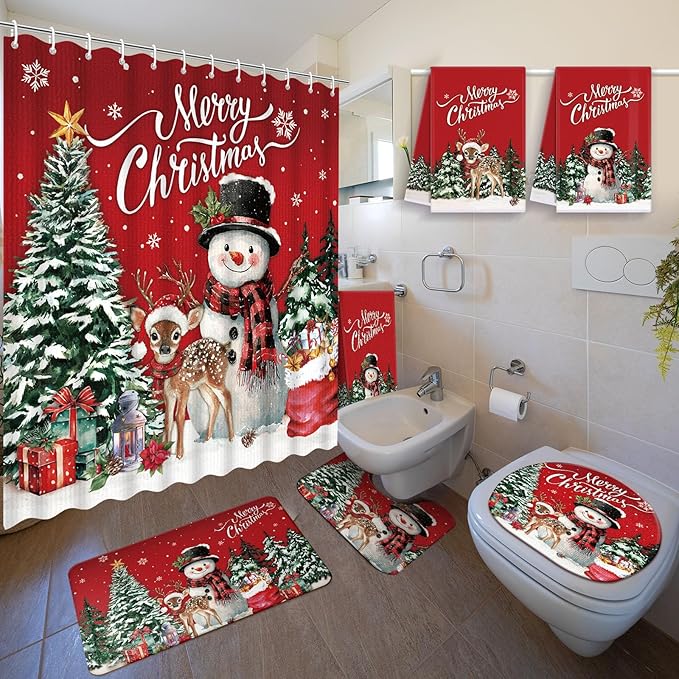 Nuanchu 6 Pcs Christmas Shower Curtain Set with Rug Bathroom Sets with Shower Curtain Bath Mat U Shaped Mat Toilet Lid Cover 2 Bath Towels and 12 Hooks Red Christmas Snowman Bathroom Decor