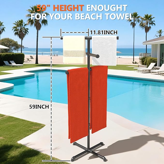 Hjarta Outdoor Towel Rack for Pool, 59 Inch Pool Towel Holder with 6 Bars, Poolside Towel Racks for Outdoor, Towel Drying Rack for Pool Area Outside, Bathroom, Spa, Hot Tub