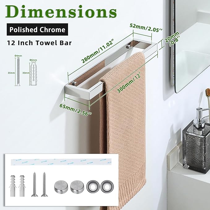 Alise Hand Towel Holder,12 Inch Towel Bar for Bathroom,Towel Racks for Lavatory,Wall Mount Towel Hanger,SUS304 Stainless Steel Towel Rail,Polished Chrome