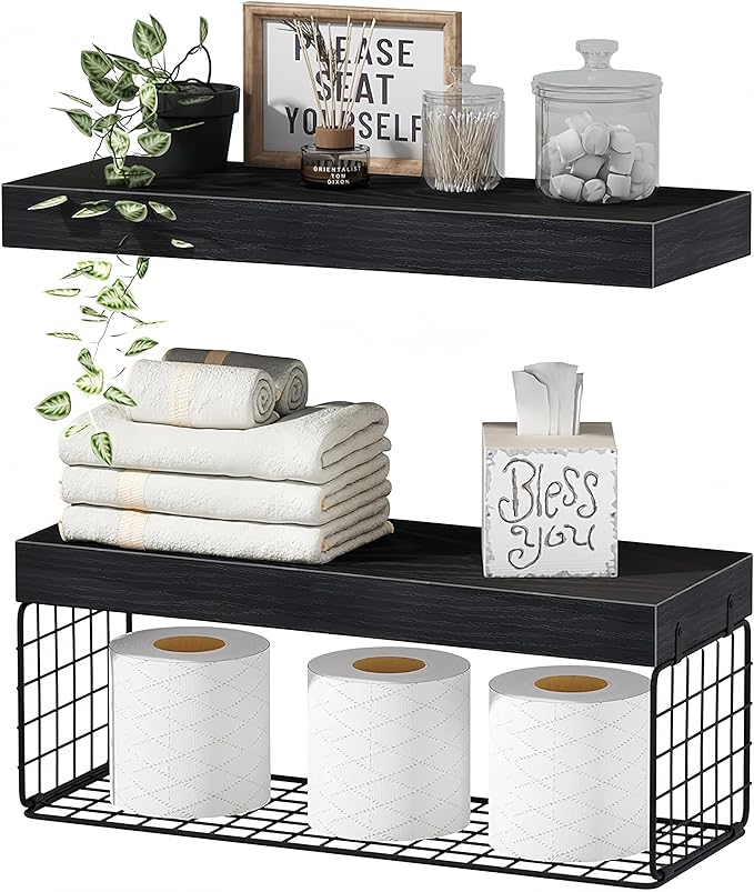 Bathroom Shelves Over Toilet - Heavy Duty Storage Rack, 25+ lbs Weight Capacity, Minimalist Design Wall Mounted Floating Shelves Toilet Paper Storage Farmhouse Decor Shelf 16 inch (Black, General, 2)