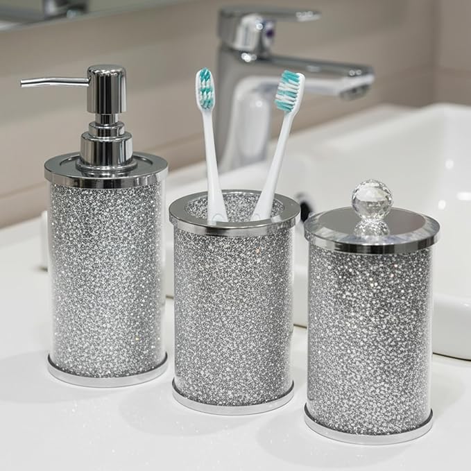Escenzy Crushed Diamond Glass Bathroom Accessories Set 3 Pcs | Silver Crystal Soap Dispenser and Toothbrush Holder Set with Tumbler | Modern Bathroom Accessory Set and Vanity Organizer