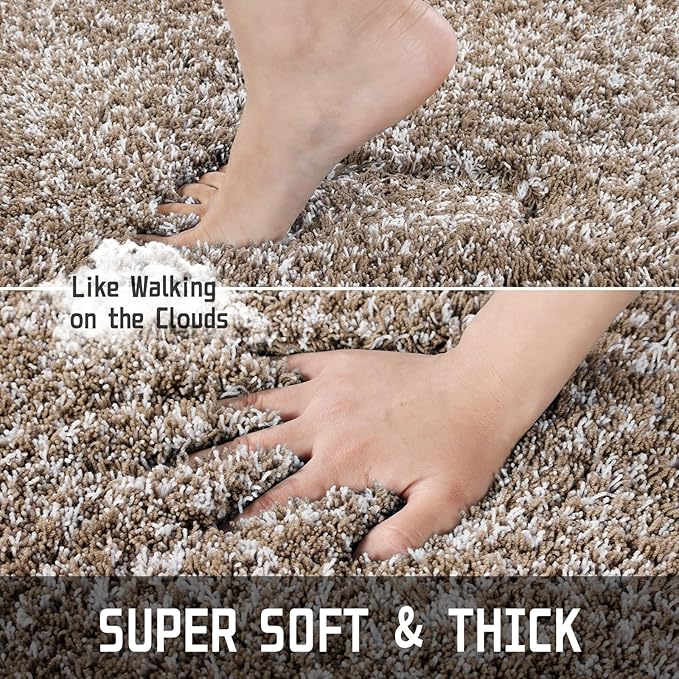 Yimobra Luxury Bathroom Rugs, Fluffy Bath Mats, Non Slip, Water Absorbent Microfiber, Machine Washable, Plush Runner Shower Rugs, Thick Matts for Bathroom Floor&Tub, 47"x 24", Light Brown and White