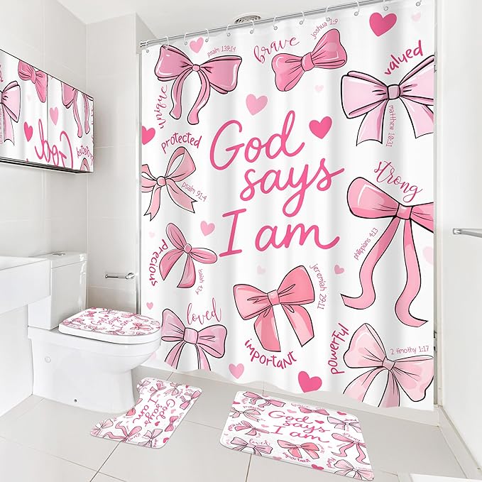 Cinbloo 4Pcs Pink Bow Shower Curtain Set, Retro Cute Coquette Vintage Girly Preppy Fashion Bathroom Curtain with Rug, Toilet Lid Cover, Bath Mat, Inspirational Quotes Shower Curtain with 12 Hooks