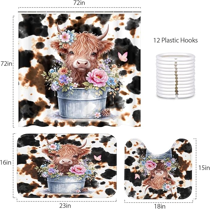 Pamnest 4 Pcs Shower Curtain Sets, Highland Cow Calf Retro Waterproof Bathroom Sets with Non-Slip Rugs, Toilet Lid Cover and Bath Mat, 12 Hooks, Accessories Modern Home Bathroom Decor 72" X 72"