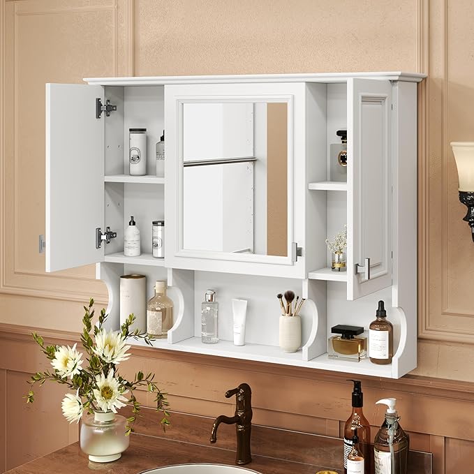 Virubi Bathroom Wall Cabinet with Mirror, Medicine Cabinet with 3 Doors and Adjustable Shelf, Space Saver Storage Cabinets Over The Toilet for Bathroom (35'' x 28'') (White)
