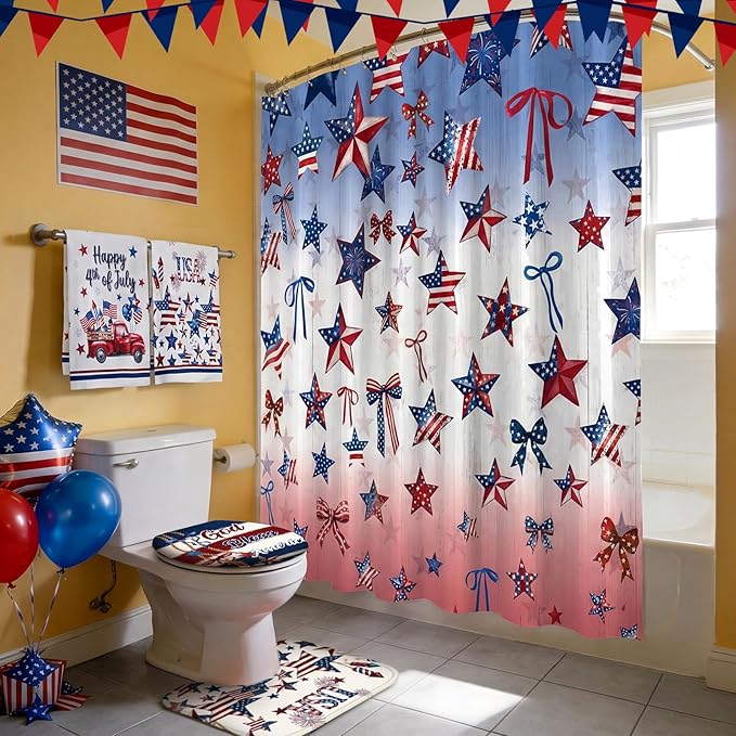 FuWeave 8 Pcs 4th of July Shower Curtain Set for Patriotic Bathroom Decor Include Red White and Blue American Flag Star Pattern Shower Curtain Towel Non Slip Rug Toilet Lid Cover Bath Mat and 12 Hooks