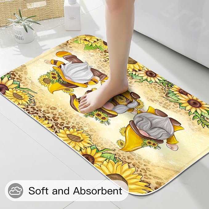 Litabel 4 Pcs Sunflower Gnomes Shower Curtain Set with Non-Slip Rugs, Toilet Lid Cover and Bath Mat, Farmhouse Country Bathroom Decor Set with Shower Curtain and Rugs(Hooks Not Included)