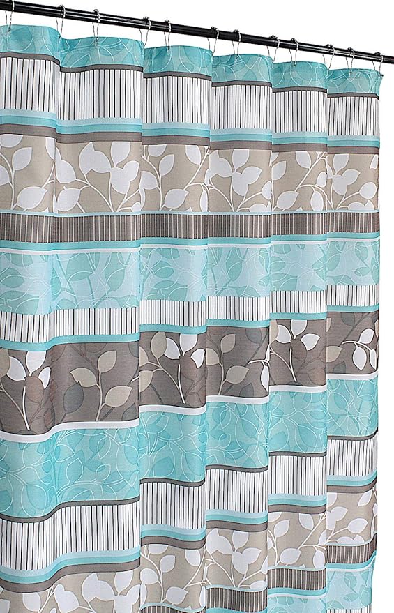 Serafina Home Hotel Quality Fabric Bathroom Shower Curtain: Striped Floral - Teal, Blue, Brown, Beige and White (72 x 70 inches)