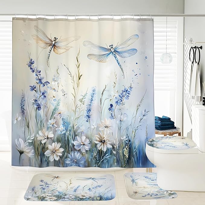 Dreamrflove Dragonfly Shower Curtain, 1-Pack Dragonfly Bathroom Shower Curtain, Blue Vintage Plant Flowers Fabric Bathroom Decoration, 72x72 Inch Waterproof Polyester Insulation Home Accessories