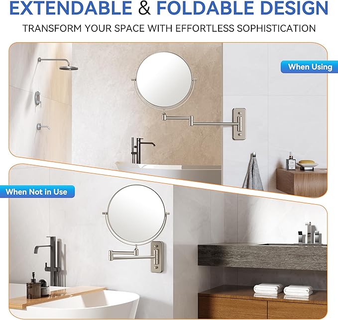 Auxmir 1X/30X Wall Mounted Makeup Mirror, Double-Sided Magnifying Mirror with Tweezers, Bathroom Makeup Mirror, Cosmetic Vanity Mirror with 360 Rotation Extendable Swivel Arm, Nickel