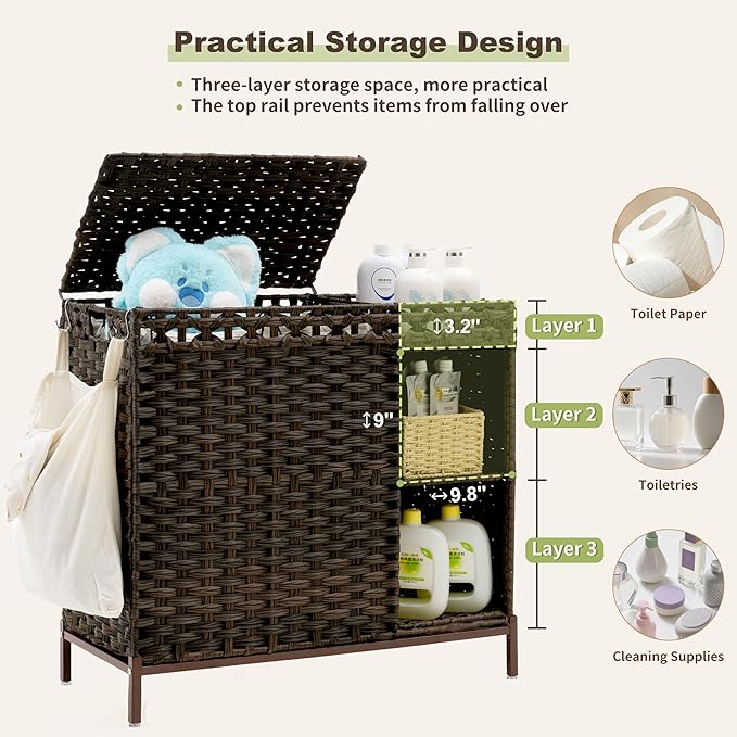 Gitelsnour Laundry Hamper with Lid, 110L (29.1 Gal) Rattan Laundry Hamper 2 Section with 50L (13.2 Gal) Storage Shelf, Wicker Woven Laundry Sorter Basket with 3 Liner Bags and Handles, Brown GLH002BR