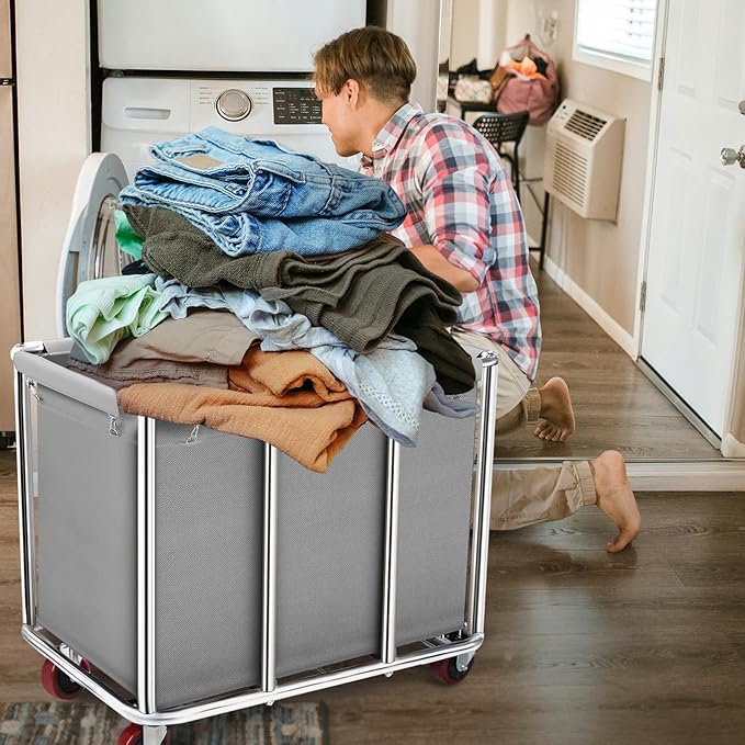 Commercial Laundry Cart with Wheels, 400L Large Rolling Laundry Cart with Steel Frame and Oxford Cloth, Heavy Duty Industrial Laundry Cart for Home,Hotel,Laundry Room, 441 lbs Load (Gray-10)