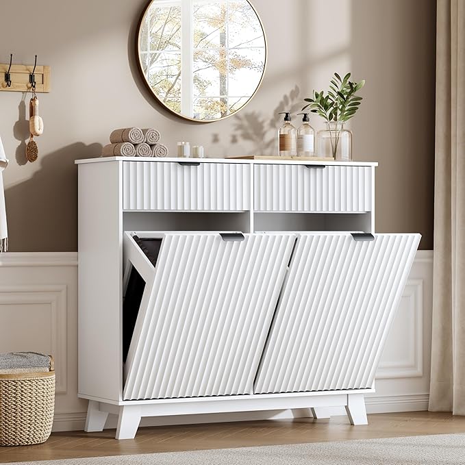 Double Tilt Out Laundry Hamper Cabinet, 20 Gallon Wooden Trash Can Cabinet with Storage Drawers, Hidden Fluted Garbage Can Holder for Kitchen, Living Room (White, 39.34" W x 35.83" H x 13" D)