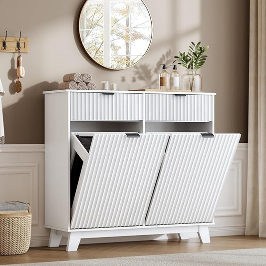 Double Tilt Out Laundry Hamper Cabinet, 20 Gallon Wooden Trash Can Cabinet with Storage Drawers, Hidden Fluted Garbage Can Holder for Kitchen, Living Room (White, 39.34" W x 35.83" H x 13" D)