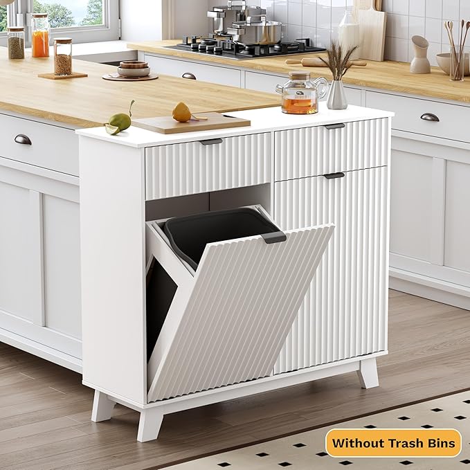 Double Tilt Out Laundry Hamper Cabinet, 20 Gallon Wooden Trash Can Cabinet with Storage Drawers, Hidden Fluted Garbage Can Holder for Kitchen, Living Room (White, 39.34" W x 35.83" H x 13" D)
