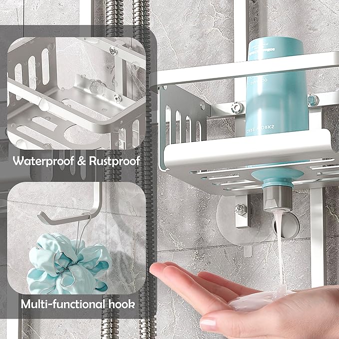 Aluminum Shower Caddy Hanging for Handheld Showerheads, Never Rust Shower Organizer with Hooks Holder Toothbrush Holder，Over Showerhead Caddy for Bathroom
