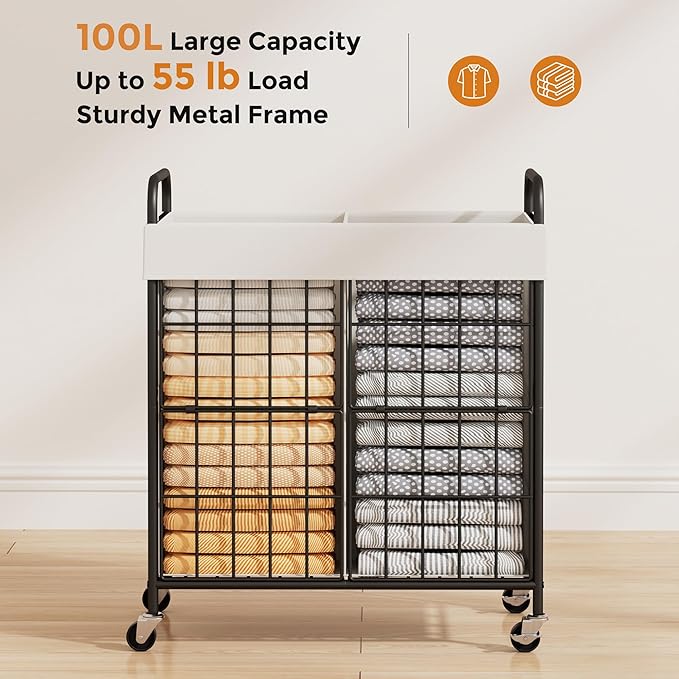 2 Section Laundry Hamper with Wheels and Brake, 100L Laundry Sorter Cart with 2 Removable Liner Bags, Metal Handle, Rolling Laundry Basket for Bedroom Laundry Room