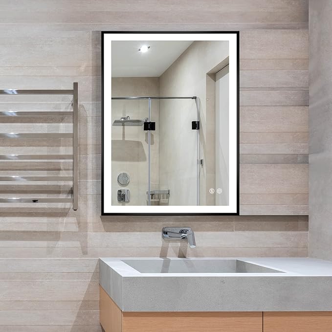 30x20 Inch LED Bathroom Mirror with Lights, Black Frame - 3 Color Modes, Touch Dimmer, Anti-Fog - Wall Mount Lighted Vanity Mirror for Makeup, Dressing Room - Fab Glass and Mirror