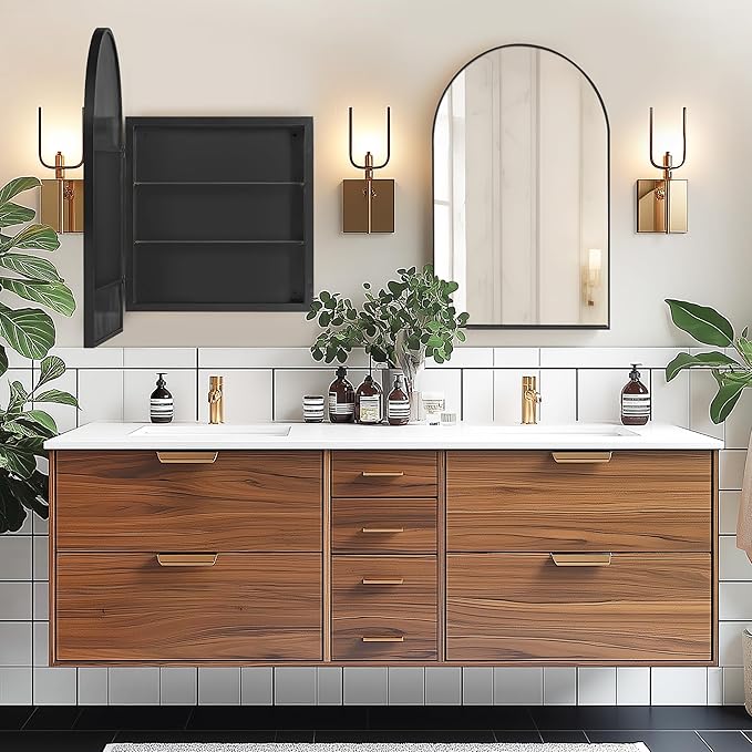SogesHome 3-Tier Medicine Cabinet with Shelf, Wall Mounted Recessed Decro Vanity Storage Mirror Cabinet for Bathroom, Bedroom, (Arched, Black)