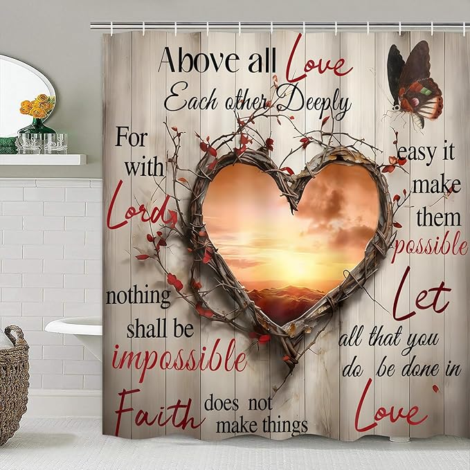 AZHM Sunset Love Heart Shower Curtain Set 4 PCS Inspirational Quote Bathroom Rug Set with Shower Curtain and 12 Hooks