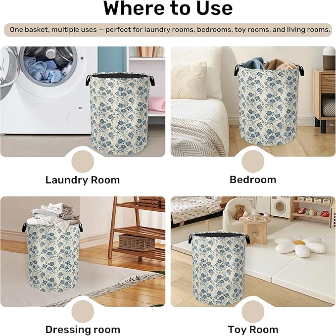 Beige Navy Blue Flowers Laundry Basket - Heavy Duty 60L Dirty Clothes Organizer, Water Resistant Foldable Hamper for Men Women