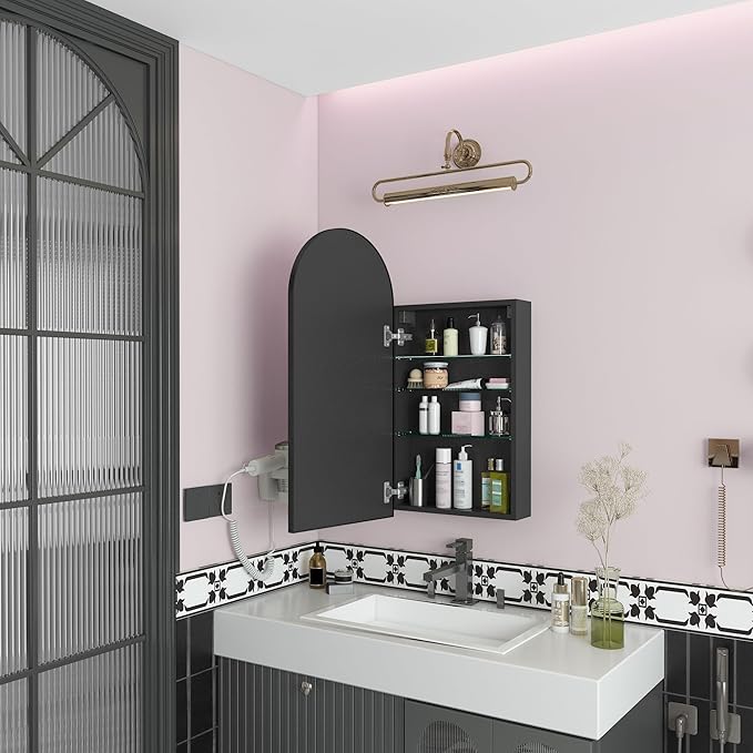 FKWin Arched Black Bathroom Medicine Cabinet with Mirror, Left or Right Opening, Bathroom Vanity Mirrors with Storage, Surface Mount Medicine Cabinet not Recessed, Black, 15.7x31.5 inch