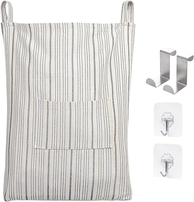 AELS Farmhouse Hanging Laundry Hamper with 2 Hooks, Washable Beige & Stripes Laundry Bag with Zipper & Wide Open Top, Over the Door Organizer for Dirty Clothes, Space Saving Storage