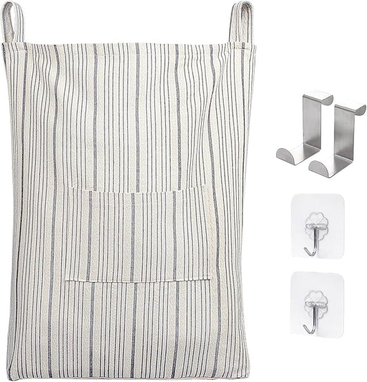 AELS Farmhouse Hanging Laundry Hamper with 2 Hooks, Washable Beige & Stripes Laundry Bag with Zipper & Wide Open Top, Over the Door Organizer for Dirty Clothes, Space Saving Storage