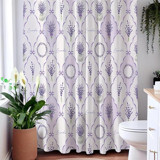 Light Purple Lavender and Lilac Shower Curtains,Cute Preppy Floral Bath Curtains for Bathroom,French Country Farmhouse Waterproof Polyester Fabric Bathroom Decor,72x72 Inch