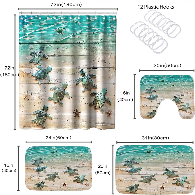 Beach Sea Turtle Nautical Bathroom Sets with Ocean Coastal Shower Curtain and 20 x 31 Rugs Bathroom Accessories Sets Decor with Bath Rug, Bath Mat, U-Shaped Contour and Hooks 72 x 72 Inch Green