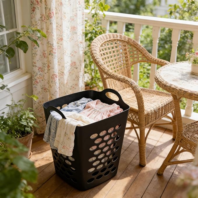Square Laundry Hamper with Handles – Large Capacity Plastic Laundry Basket, Space-Saving Design with Ventilation Holes, Black