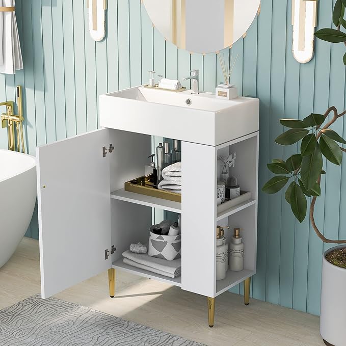 Virubi 21.6 in Small Bathroom Vanity with Sink,Doors and Storage Shelves,Wood Modern Single Fluted Bathroom Sink Cabinet Freestanding (White,Right Shelf)