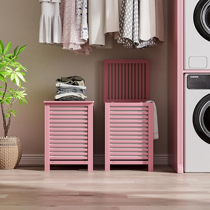 SMIBUY Double Laundry Hamper with Lid, 120L Bamboo Laundry Basket with Removable Liner Bag, 2-Section Clothes Divider Laundry Sorter for Laundry Room, Bathroom, Bedroom (Pink)