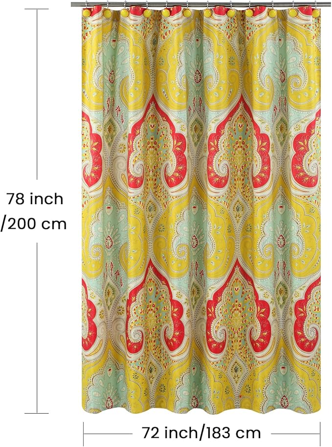 Long Fabric Shower Curtain, Gold and Red Printed Boho Paisley Pattern Shower Curtains for Bathroom, Waterproof Bathroom Curtains, 72" W x 78" H