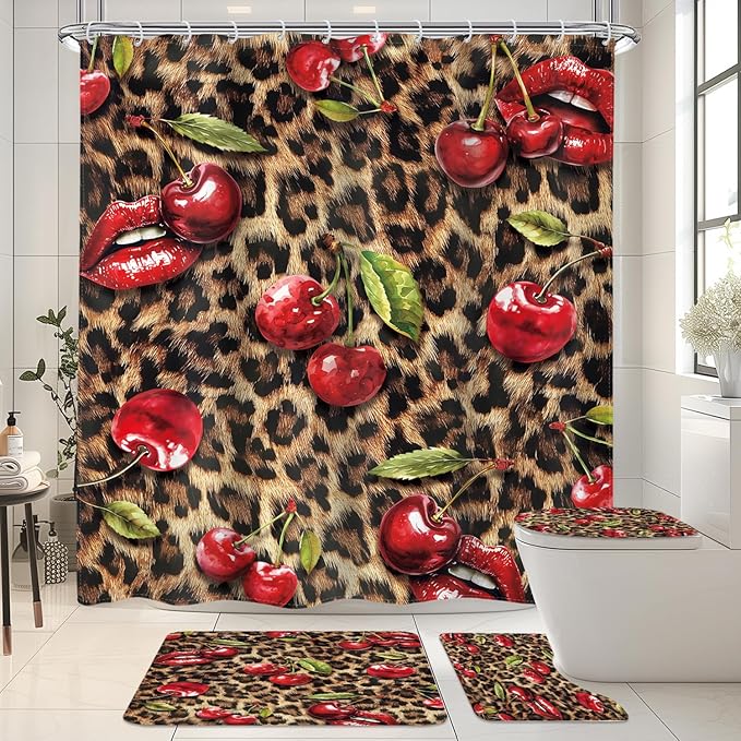 LIGHTINHOME 4 PCS Leopard Print Cherry Shower Curtain Set 72Wx72H,Toilet Lid Cover,Non-Slip Rugs and U-Shaped Mat,Cheetah Lips Bathroom Sets with Rugs Shower Accessories 12 Hooks for Bathroom Decor