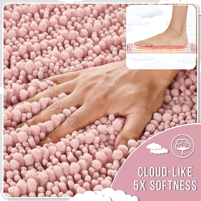 Yimobra Bathroom Rugs Non Slip Washable - Ultra Soft Absorbent Chenille Bath Mat, Quick Dry Shaggy Floor Carpet for Tub Shower, Light Pink Home Decor Accessories, 24x17 Inch
