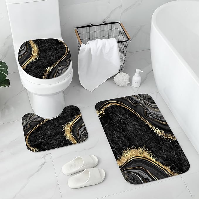 Gibelle 4 Pcs Luxury Marble Shower Curtain Set with Non-Slip Rugs, Toilet Lid Cover and Bath Mat, Black Gold Bathroom Decor Set with Shower Curtain and Rugs and Accessories
