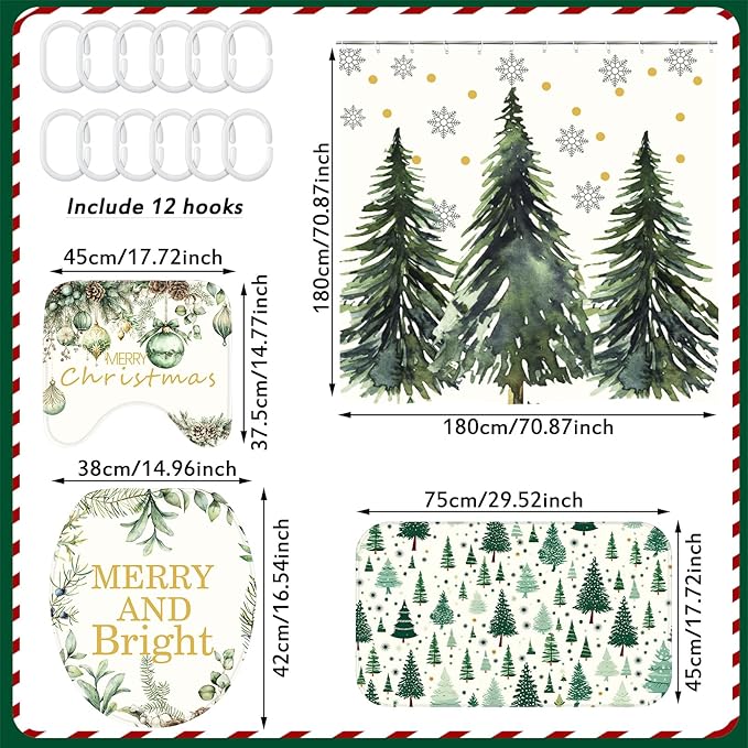 Drydiet 4 Pcs Christmas Shower Curtain Set Bathroom Decoration Non Slip Rugs Mat Toilet Lid Cover Shower Curtain for Xmas Holiday Farmhouse Home Bathroom Decor(Green Christmas)