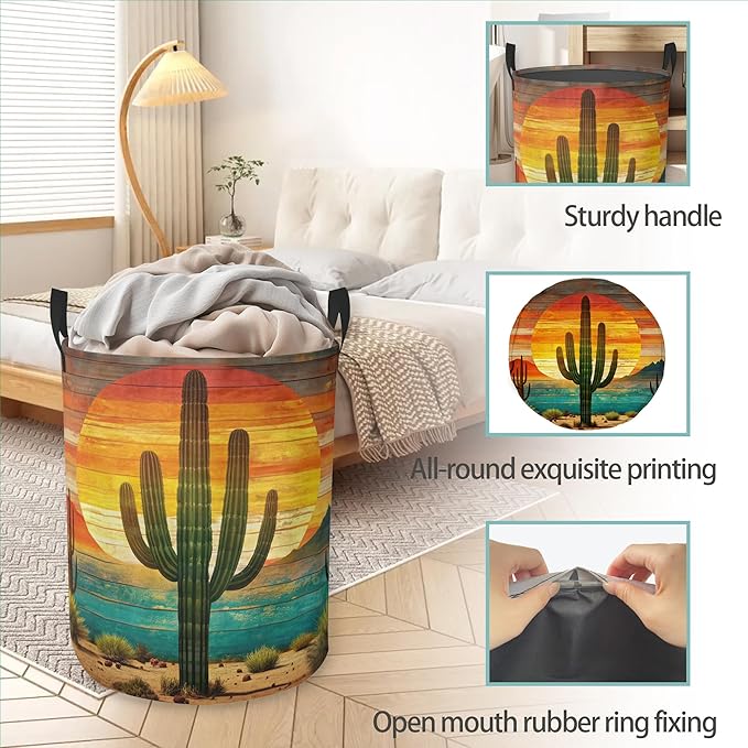 Tropical Cactus Laundry Basket With Handles Tote Bag Oxford Cloth Funny Laundry Hamper Clothes Storage Bucket Toy Organizer 16" X 20.8"For Bathroom/Laundry/Bedroom