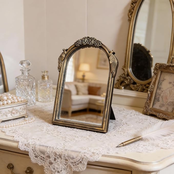 Vintage Vanity Desk Mirror -10x7Inch Wall-Mounted & Tabletop Decorative Ornate Gold Accent Retro Makeup Mirror for Bedroom Dresser Living Room Bathroom Dorm Champagne Gold