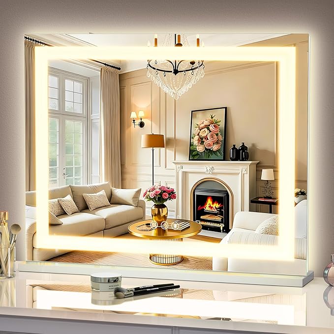 FENCHILIN Vanity Mirror with Lights, 22" x 19" Backlit + Front Lit Hollywood Makeup Vanity Mirror LED Strip with 3 Colors Modes Smart Touch for Dressing Room & Bedroom White