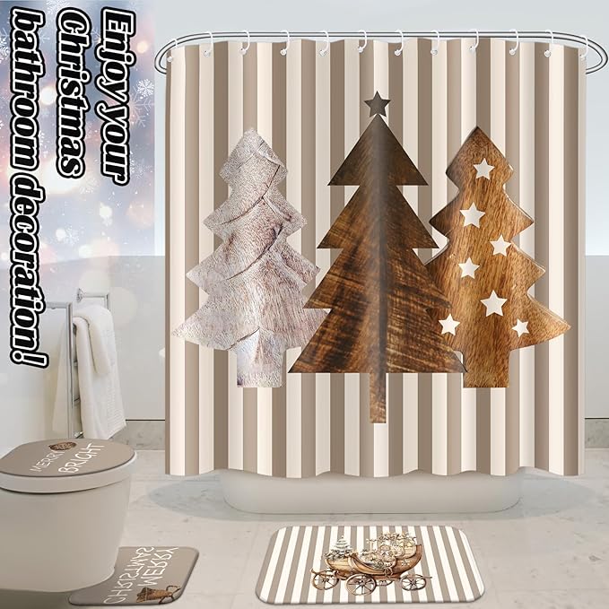 Drydiet 4 Pcs Christmas Shower Curtain Set Bathroom Decoration Non Slip Rugs Mat Toilet Lid Cover Shower Curtain for Xmas Holiday Farmhouse Home Bathroom Decor(Brown Christmas)