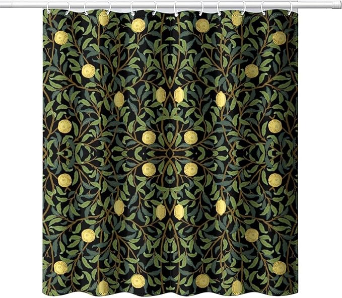 Vintage Botanical Shower Curtain William Morris Designs Green Jungle Fruit Print Shower Curtain Set Polyester Interior Waterproof Shower Curtain with 12 Hooks 66x72 Inches(168x183cm)
