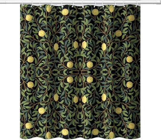 Vintage Botanical Shower Curtain William Morris Designs Green Jungle Fruit Print Shower Curtain Set Polyester Interior Waterproof Shower Curtain with 12 Hooks 66x72 Inches(168x183cm)