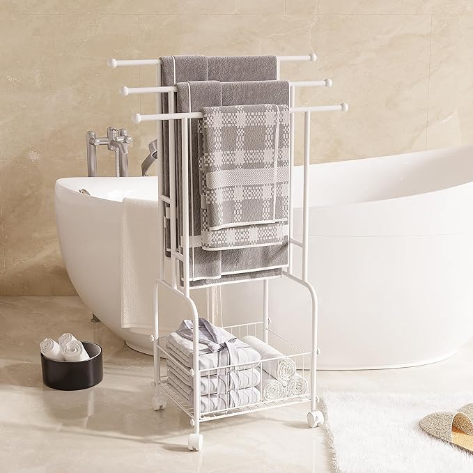 Towel Racks for Bathroom, 42" H 3-Tier Durable White Reinforced Alloy Stand with Wheels and Basket, Free Standing Towel Rack, Multi-Use Blanket Rack for Indoor/Outdoor Bathroom Display