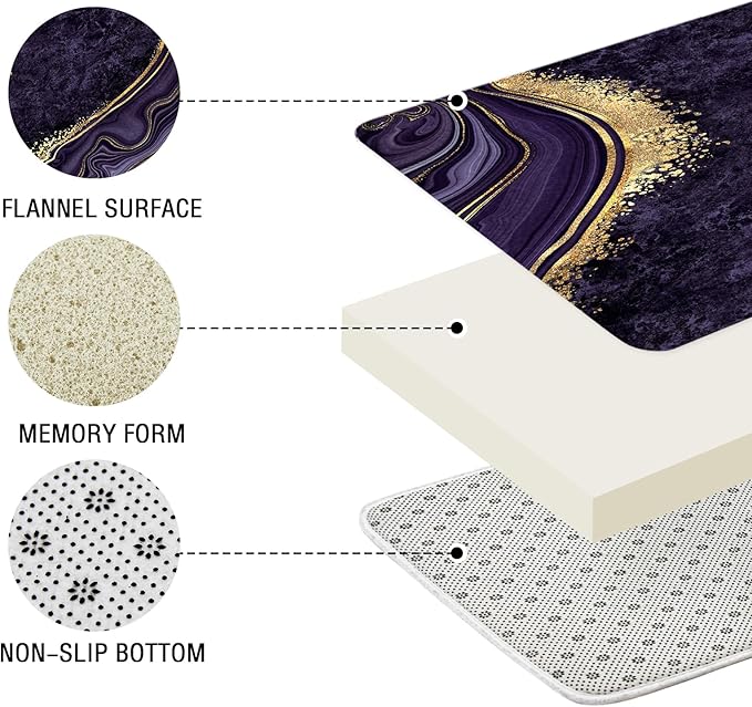 Gibelle 4 Pcs Luxury Marble Shower Curtain Set with Non-Slip Rugs, Toilet Lid Cover and Bath Mat, Gold Foil Purple Bathroom Decor Set with Shower Curtain and Rugs and Accessories