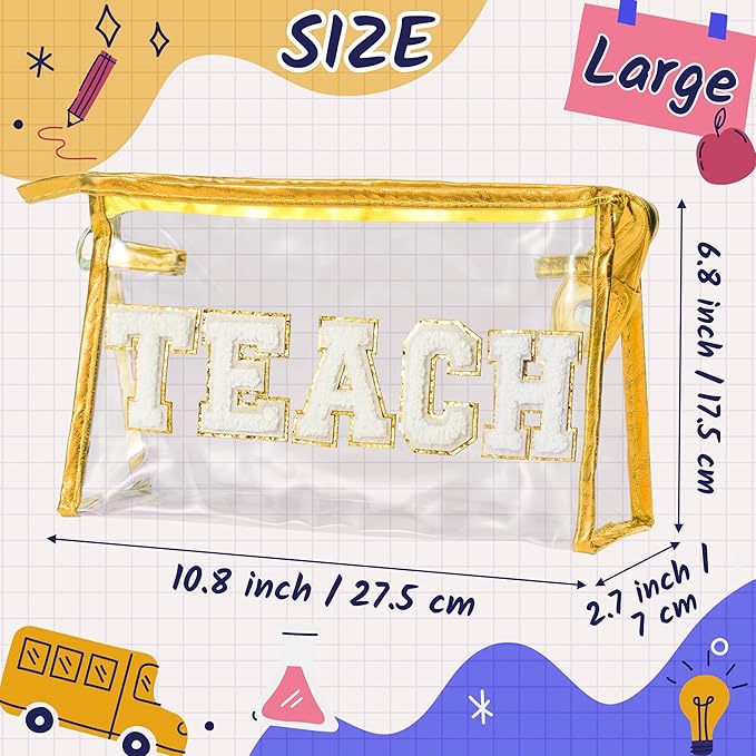 CY2SIDE TEACH Clear Makeup Bag - White TEACH Letter Patch Cosmetic Bag with Handle for Travel PVC Zipper Clear Toiletries Waterproof Portable Travel Organizer Teacher Appreciation Gifts, Gold